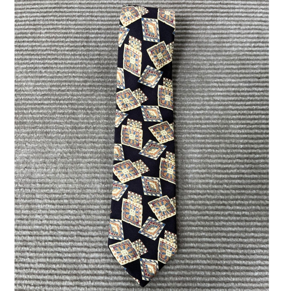 Lands End Mens Silk Necktie Navy Blue Geometric Diamond Pattern Long Made in USA